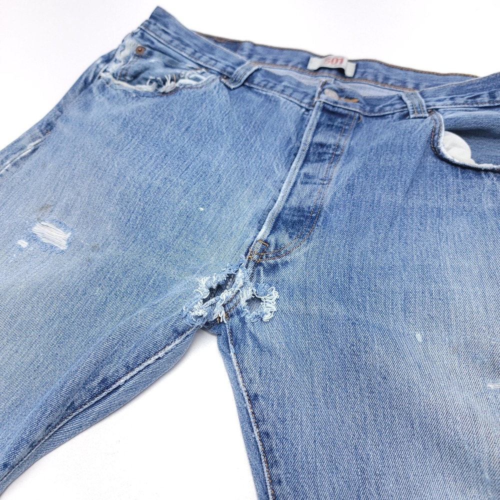 Vtg Levis 501 XX Jean Medium Wash Faded Denim Button Fly Distressed Ripped 36x32 - Picture 2 of 8